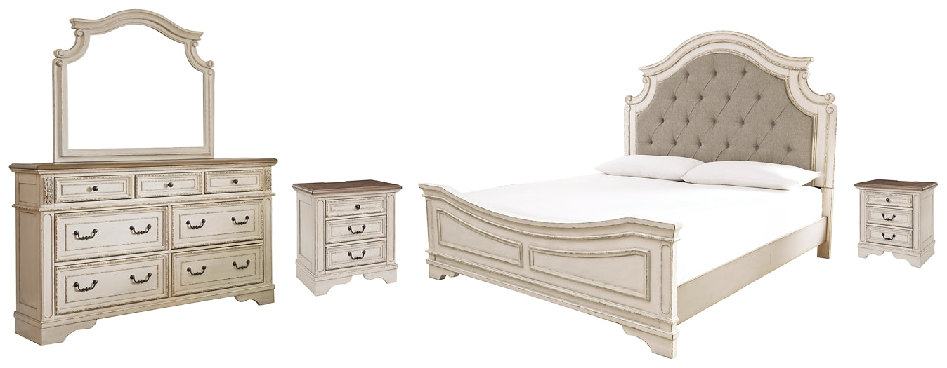 Realyn Queen Upholstered Panel Bed With Mirrored Dresser And 2 Nightst ...