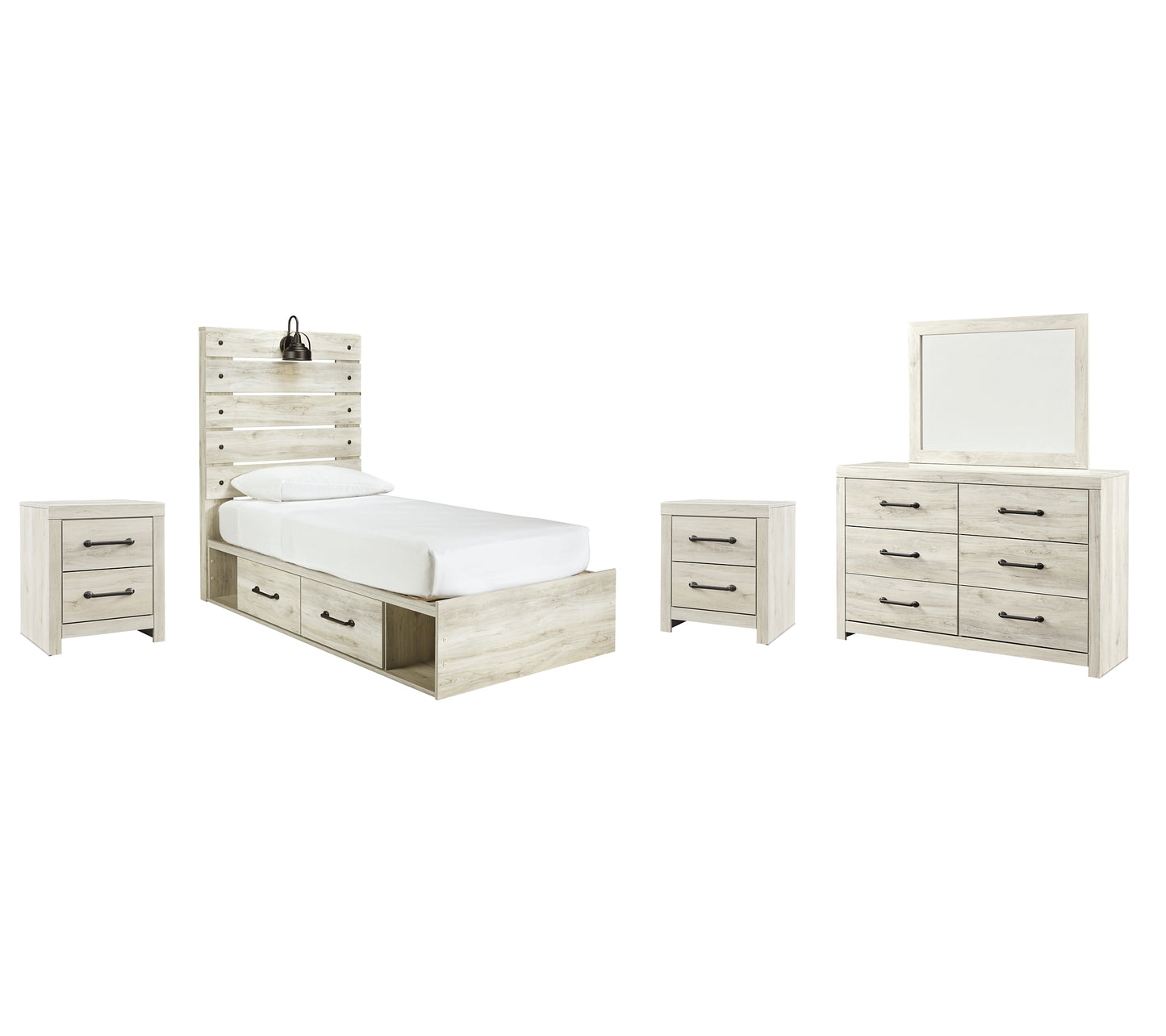 Cambeck  Panel Bed With 4 Storage Drawers With Mirrored Dresser And 2 Nightstands