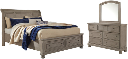 Lettner Queen Sleigh Bed with 2 Storage Drawers with Mirrored Dresser