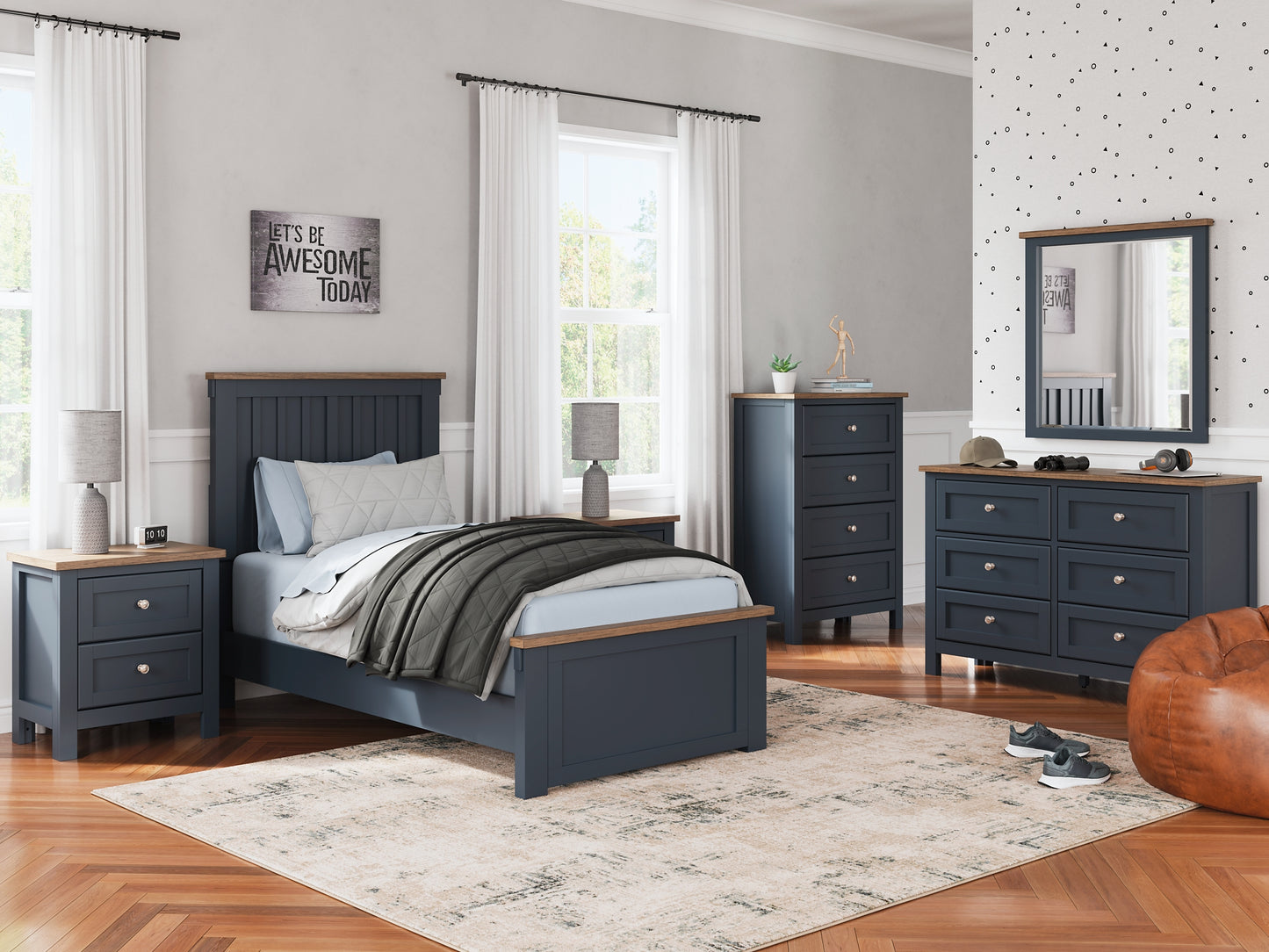 Landocken Twin Panel Bed with Storage with Mirrored Dresser and Chest