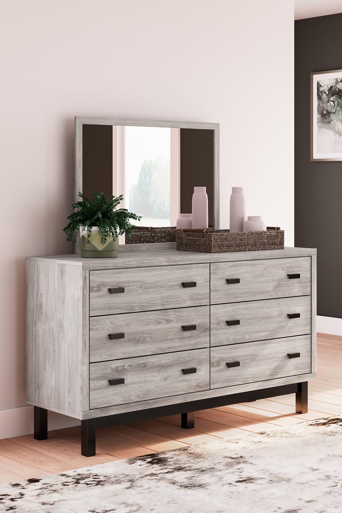 Vessalli Queen Panel Bed with Mirrored Dresser and Nightstand